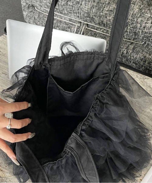 チュールフリル付トートバッグ（L）2way ヌビバッグ ブラック ハンドメイド L LABEL（エルラベル） トートバッグ チュールフリルトートバッグ