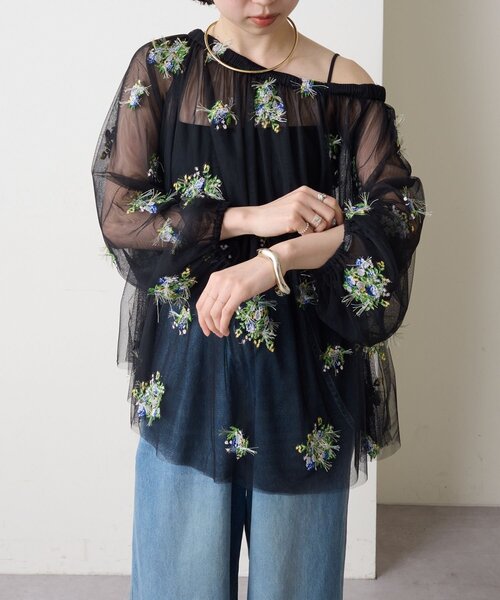 ブラウス シャツ チュール刺繍ブラウス レディース