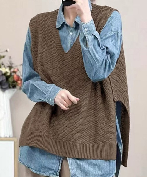 【新品未使用】ichi  ニット　ベスト　ジレ ベスト ジレ 「洗える/吊り干しOK」ヴィスコースストレッチ ニット