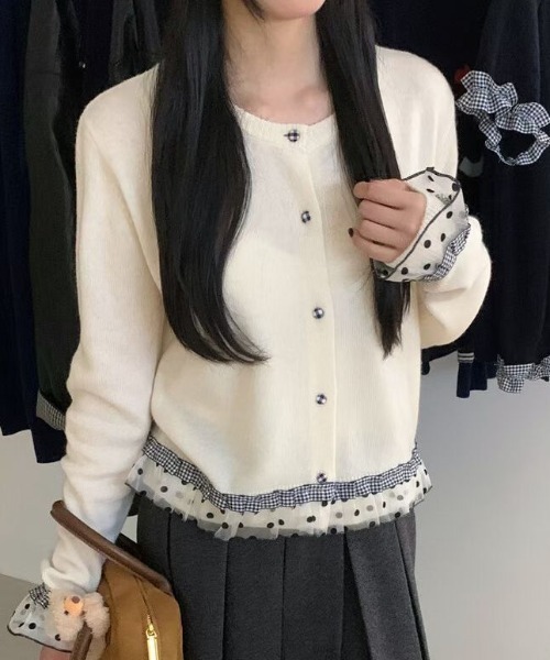 しぶーの様、専用…夏スカート。カーディガン Sibra（シブラ） カーディガン ドットチュール×チェックフリル