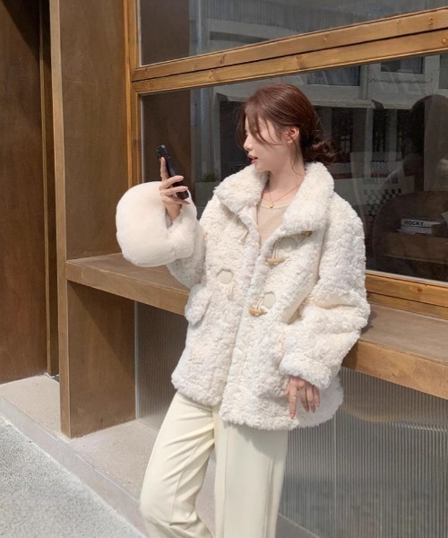 コート アウター もこもこ トグルボタン フェイクファー レディース