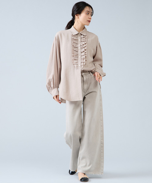 レザレクション　Sサイズ ベージュ　フリルシャツ Liesse（リエス） ブラウス シャツ シャンブレーフリルシャツブラウス