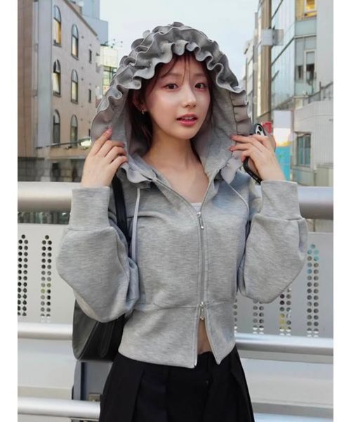SNIDEL スナイデル ショートニットパーカー GRY グレー FREE 新品 SNIDEL（スナイデル） パーカー 「多色展開」フリルショートジップ