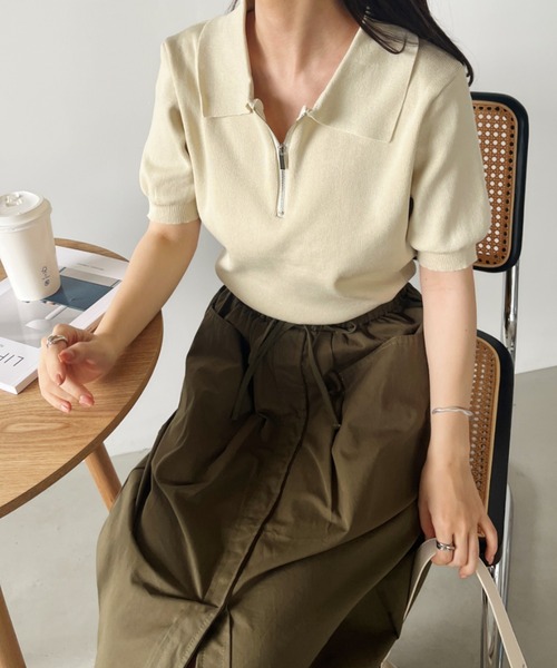 CLEA tシャツ ハーフジップ半袖サマーニットポロトップス レディース