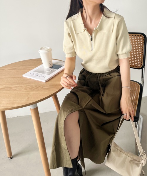 CLEA tシャツ ハーフジップ半袖サマーニットポロトップス レディース