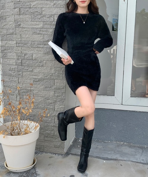 maisoncelon シャギーニット　セットアップ　ブラック ワンピース シャギーニット セットアップ ミニスカート タイトニット