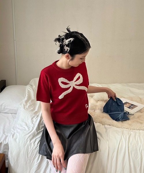 MEYAME 半袖ニットセーター グレー 赤 MEYAME ニット セーター |「別注」コットンニット半袖Tシャツ