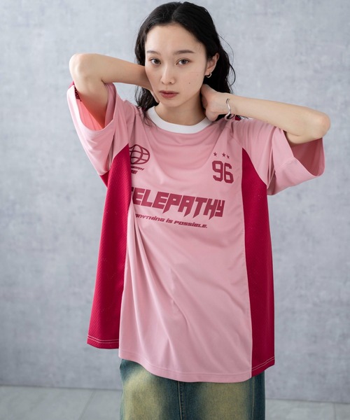残りわずか HUGO サッカースタイル メッシュ Tシャツ WEGO tシャツ WEGO/サッカーメッシュ切り替えビッグT レディース