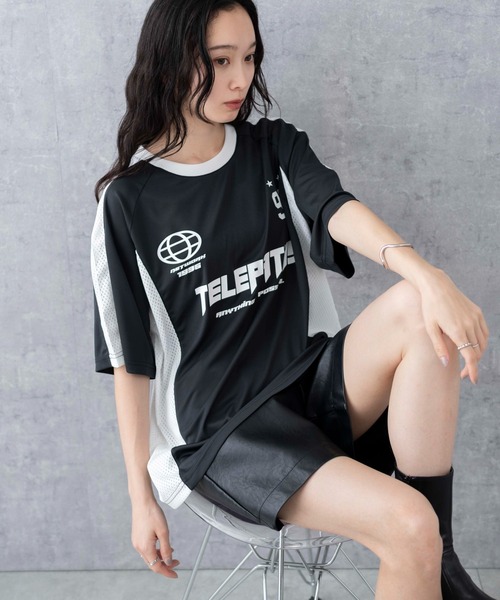 残りわずか HUGO サッカースタイル メッシュ Tシャツ WEGO tシャツ WEGO/サッカーメッシュ切り替えビッグT レディース