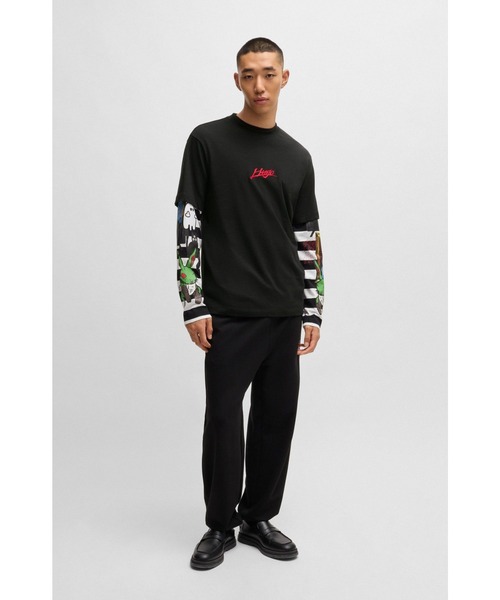 【関税込み】Hugo ブラック コットンジャージ Tシャツ HUGO tシャツ HUGOロゴプリント コットンジャージー Tシャツ