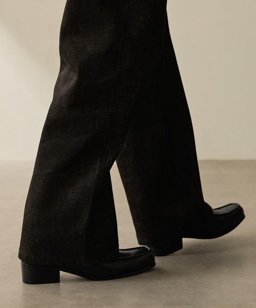 新品未使用　CALLNE 27cm リアルレザー ヒールローファー 本革　黒 CALLNE ローファー 「CALLNE」Squaretoe Real Leather Heel Loafer