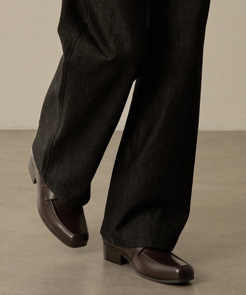 新品未使用　CALLNE 27cm リアルレザー ヒールローファー 本革　黒 CALLNE ローファー 「CALLNE」Squaretoe Real Leather Heel Loafer