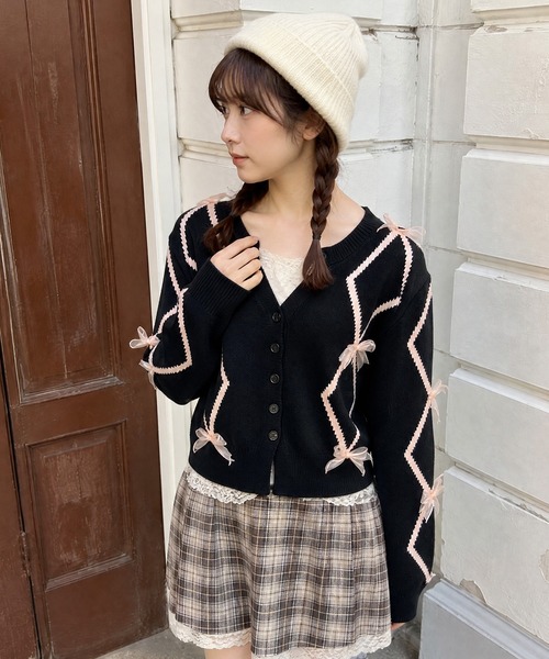 カーディガン 「HOOK」for girls リボン付きカーディガン ショット丈