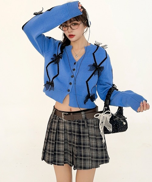 カーディガン 「HOOK」for girls リボン付きカーディガン ショット丈