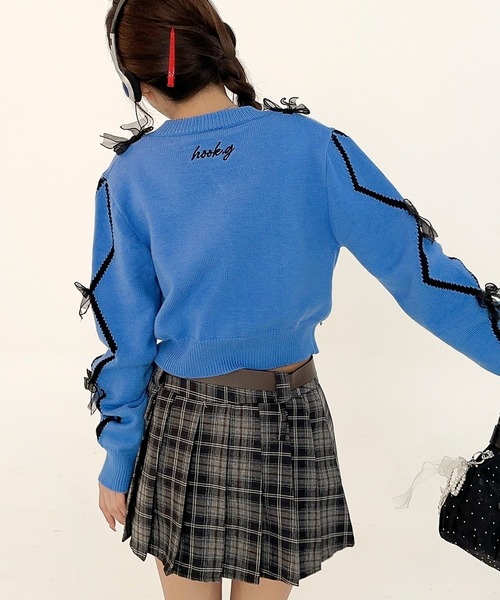 カーディガン 「HOOK」for girls リボン付きカーディガン ショット丈