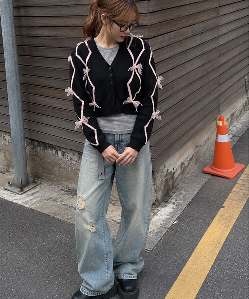 カーディガン 「HOOK」for girls リボン付きカーディガン ショット丈