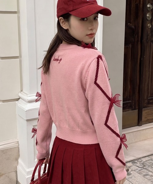 カーディガン 「HOOK」for girls リボン付きカーディガン ショット丈