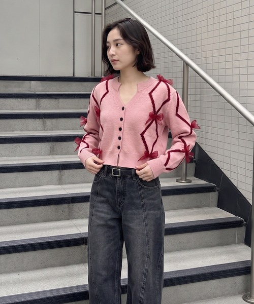 カーディガン 「HOOK」for girls リボン付きカーディガン ショット丈