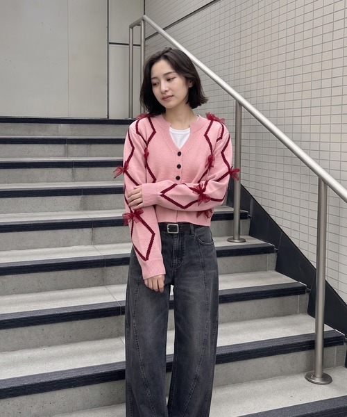 カーディガン 「HOOK」for girls リボン付きカーディガン ショット丈