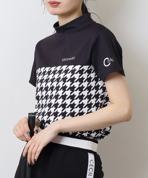 tシャツ ハウンドトゥース切り替え半袖モックネックシャツ レディース