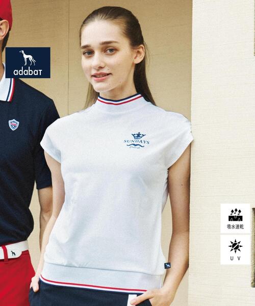 tシャツ 「新レーベル ADABAT NAVY」UVカット/吸水速乾 ダブルラインモックネックT レディース