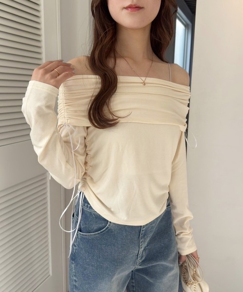 オフショルリボントップス one after another NICE CLAUP tシャツ ドロストリボン