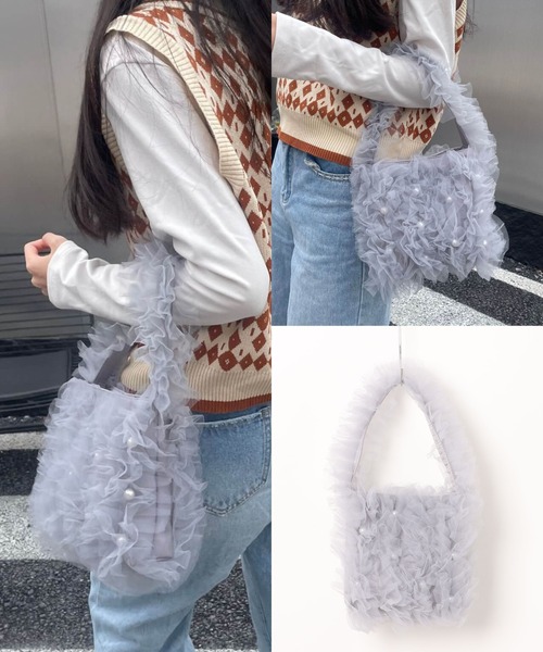 Raraさま　ヌビフリルチュールトートバッグ パール付き　4点 L LABEL（エルラベル） トートバッグ パール付チュールフリル