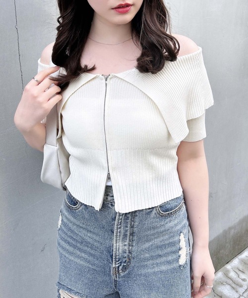 美品♡ ルネ 半袖 ニット パール カーディガン ジップアップ ビジュー M 美品♡ ルネ 半袖 ニット パール カーディガン ジップアップ