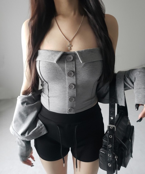アンサンブル 「 2点セット 」フロントボタンベアトップ ＋ クロップドカットソーカーディガン SET ／ front button bare top