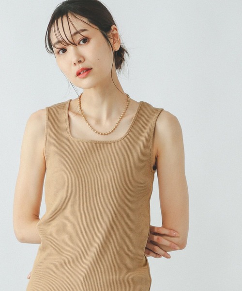 【美品】45R　レーヨンダンプのノースリーブトップ　タンクトップ　ベージュ　M Re:EDIT（リエディ） タンクトップ ノースリーブ 「新色追加