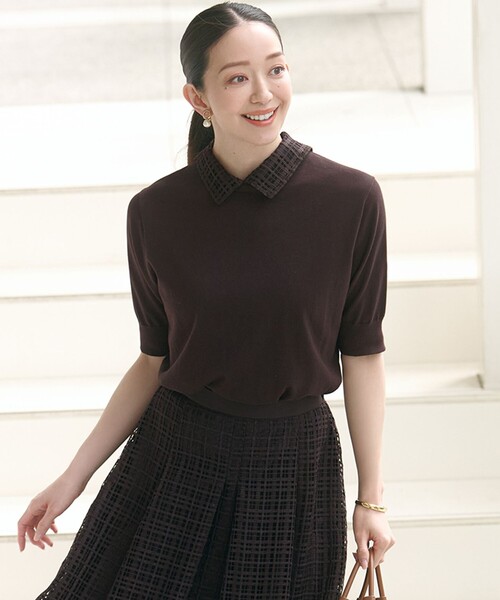 ニット セーター 「洗える」Brocheチェック レース付け襟 レディース