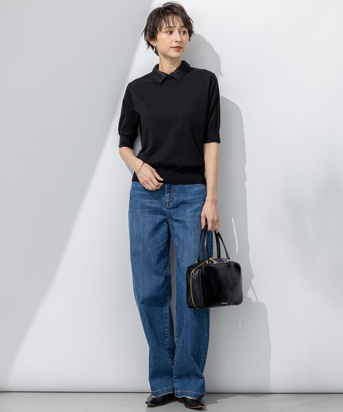 ニット セーター 「洗える」Brocheチェック レース付け襟 レディース