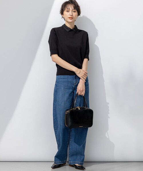 ニット セーター 「洗える」Brocheチェック レース付け襟 レディース