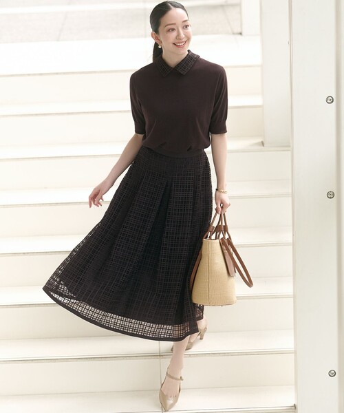 ニット セーター 「洗える」Brocheチェック レース付け襟 レディース