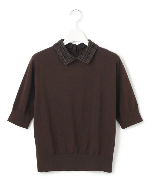 ニット セーター 「洗える」Brocheチェック レース付け襟 レディース