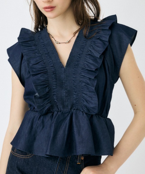 MOUSSY ブラウス シャツ SHIRRING RUFFLE PEPLUM トップス