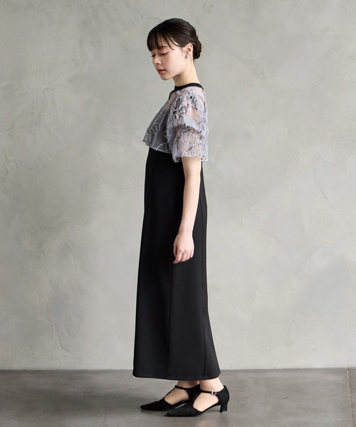 AIMER ドレス フラワーモール刺繍キーネックブラウス×Iライン