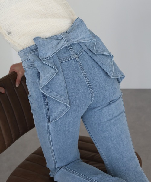 デニムパンツ バックリボン 可愛い ハイウエスト カジュアル 青 BLUEEAST ジーンズ デニム デニムパンツ ハイウエストバック