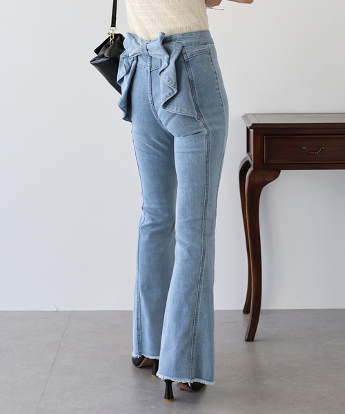 デニムパンツ バックリボン 可愛い ハイウエスト カジュアル 青 BLUEEAST ジーンズ デニム デニムパンツ ハイウエストバック