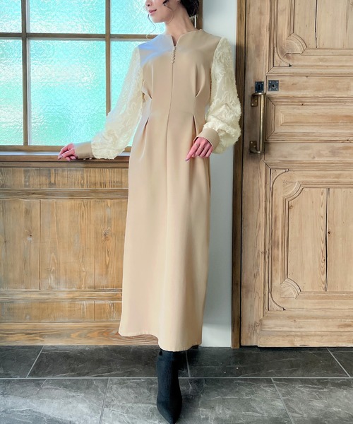 「JUNOAH」 長袖ワンピース X-LARGE ライトベージュ レディース_画像4