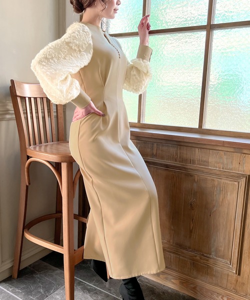 「JUNOAH」 長袖ワンピース X-LARGE ライトベージュ レディース_画像5