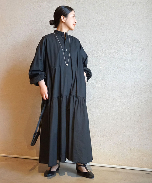 ジャーナルスタンダードラックス黒ストライプオーバーバルーンワンピース日本製 JOURNAL STANDARD LUXE（ジャーナルスタンダード ラックス） 長袖