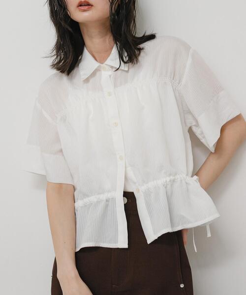 ブラウス シャツ クロップドペプラムシャーリングシャツ レディースの画像