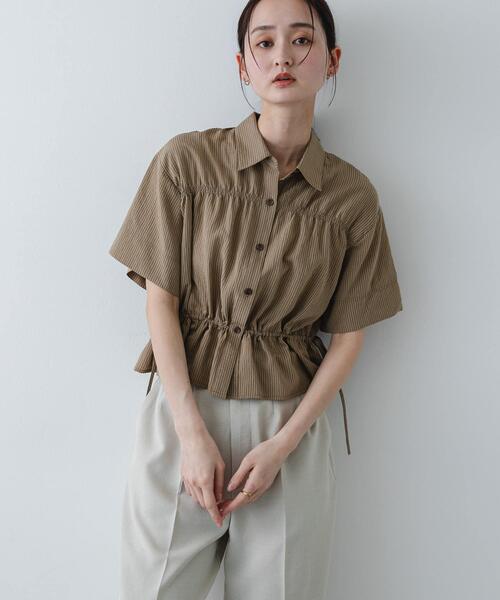 ブラウス シャツ クロップドペプラムシャーリングシャツ レディースの画像