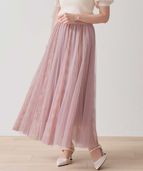 Nohea ロング スカート チュール＊レース縦切替 ラインストーン付