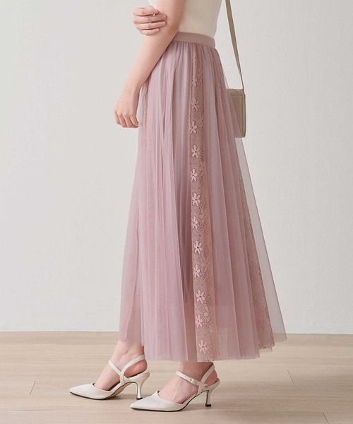 EUCHRONIA ピンク レース編み ロングスカート Nohea ロング スカート チュール＊レース縦切替 ラインストーン付
