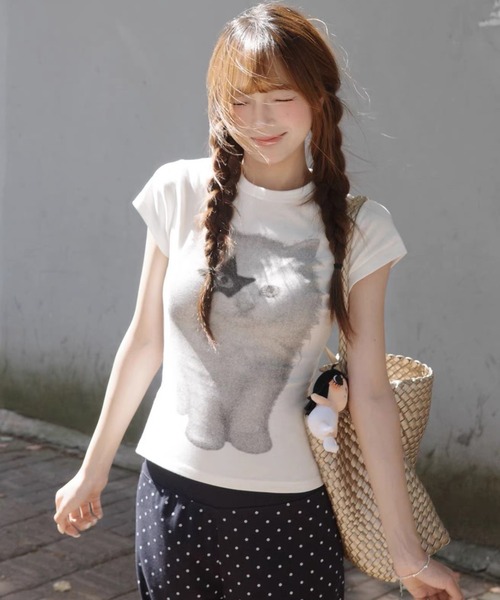 tシャツ 半袖 星目猫プリントtシャツ レディース | ViViDAY