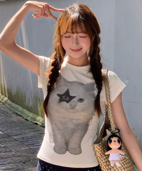 tシャツ 半袖 星目猫プリントtシャツ レディース | ViViDAY | 04
