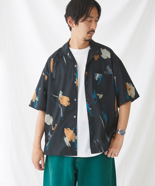 JOURNAL STANDARD 半袖シャツ 開襟 総柄 メンズ L 紺 茶 JOURNAL STANDARD シャツ SPLASH P/SLUB オープンカラー柄シャツ