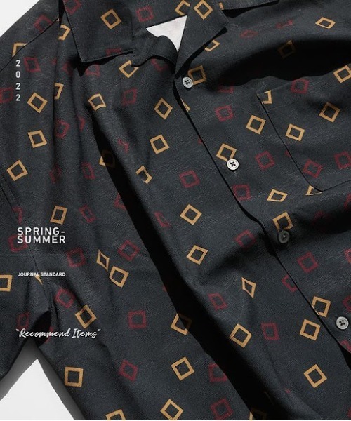 JOURNAL STANDARD 半袖シャツ 開襟 総柄 メンズ L 紺 茶 JOURNAL STANDARD シャツ SPLASH P/SLUB オープンカラー柄シャツ